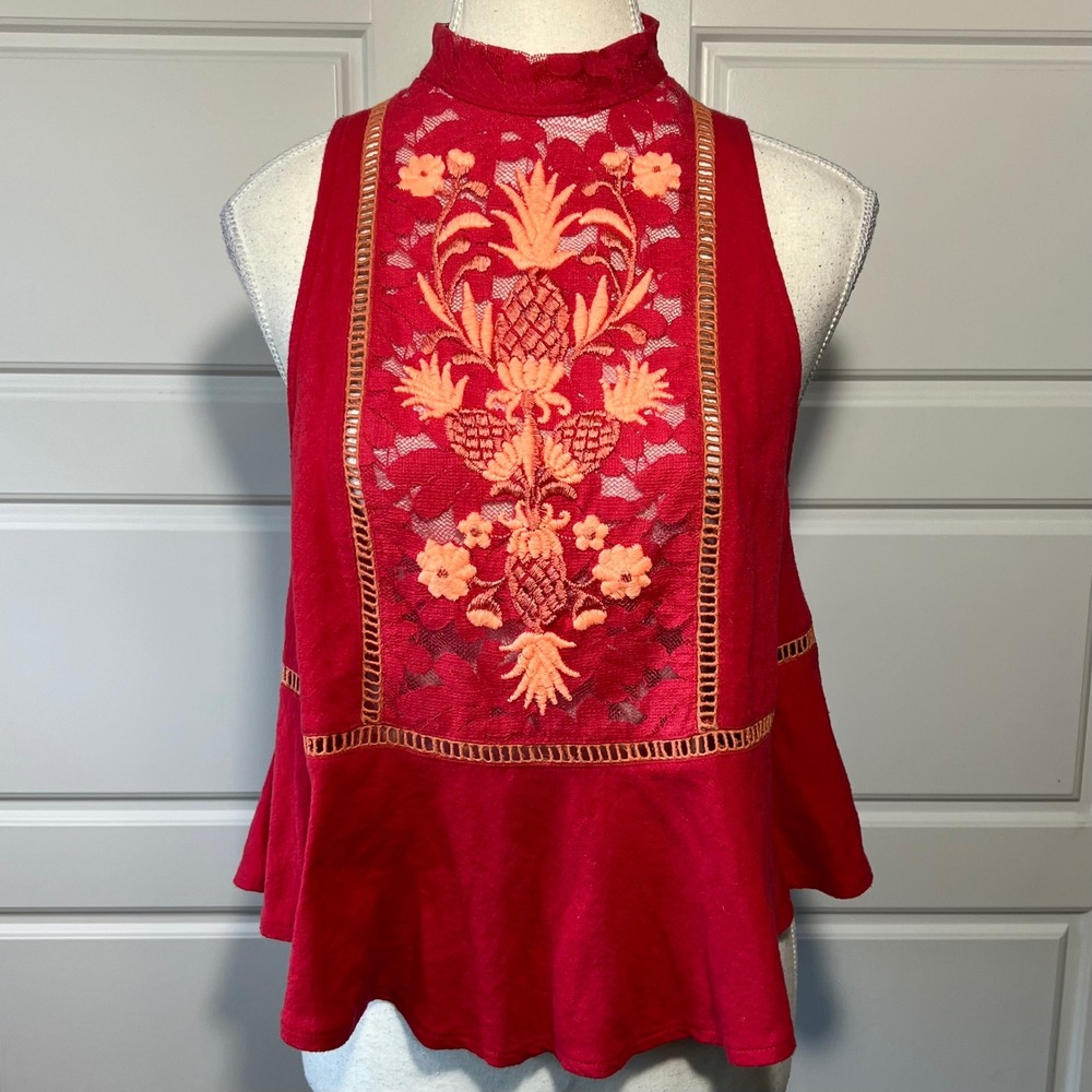 Anthropologie Free People Red Embroidered Mock Neck Peplum Tank Top Boho XS